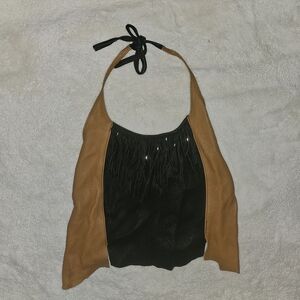 Buttery Soft Black and Tan Leather Fringe Backless Halter Top NWOT One Size